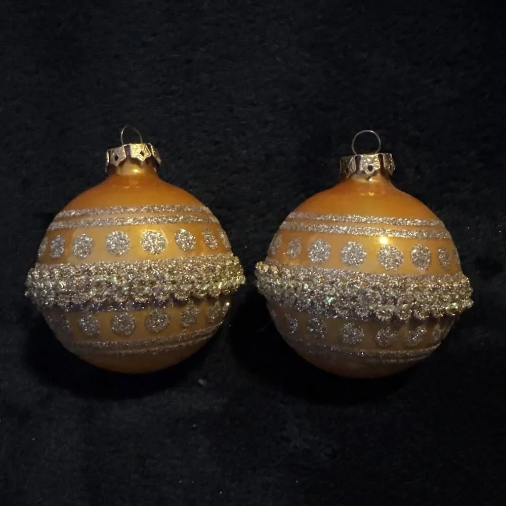 2 Vintage 50s Shiny Brite Gold Glitter Circles Ribbon Christmas Ornaments